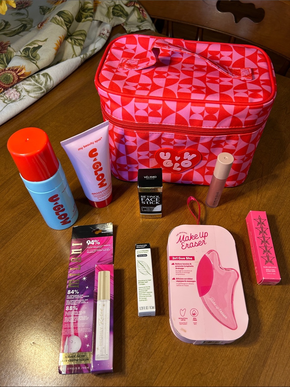 U Glow Pink Geometric Cosmetic Train Case with Makeup
